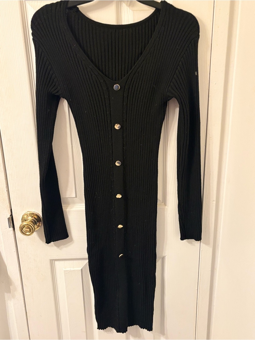 SHEIN Black Ribbed Long Sleeve Sweater Dress with Gold Buttons